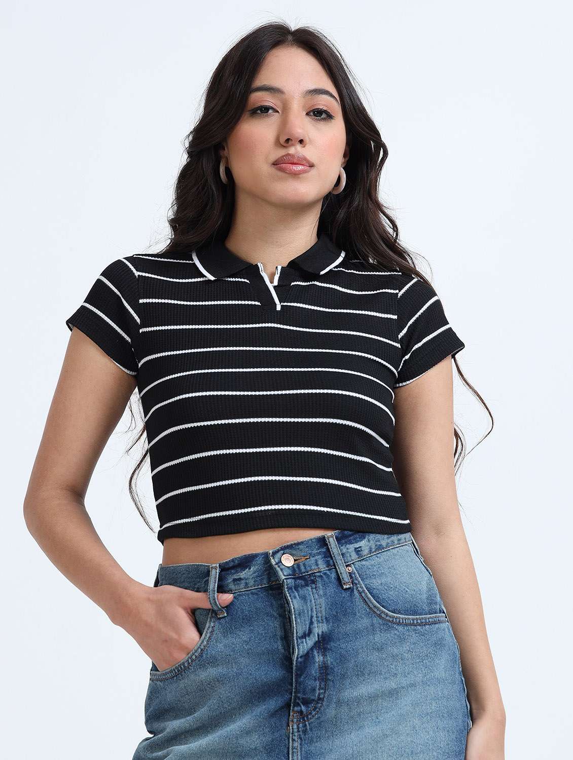 women striped short sleeve crop polo t-shirt