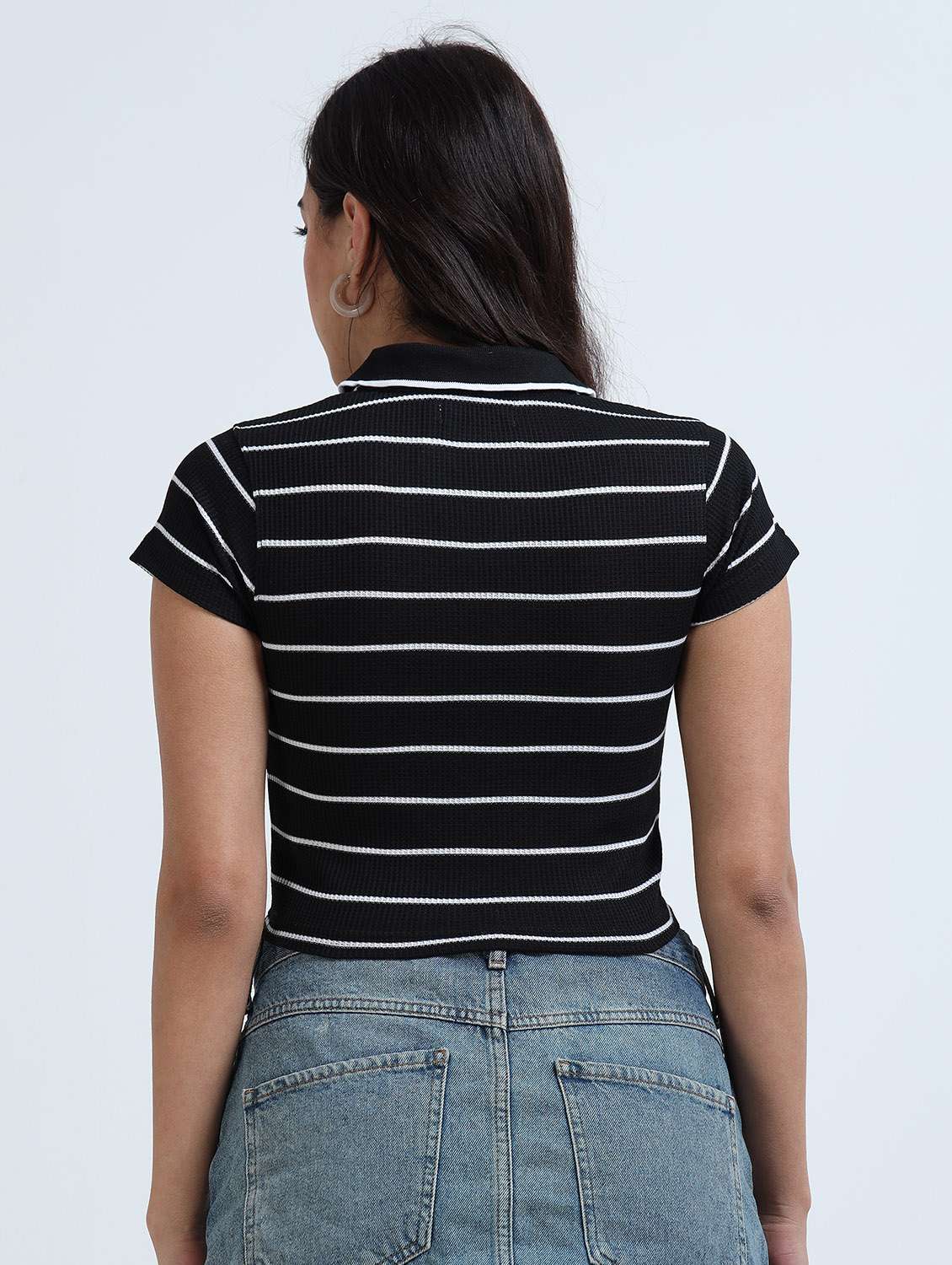 women striped short sleeve crop polo t-shirt - 22358149 -  Standard Image - 2