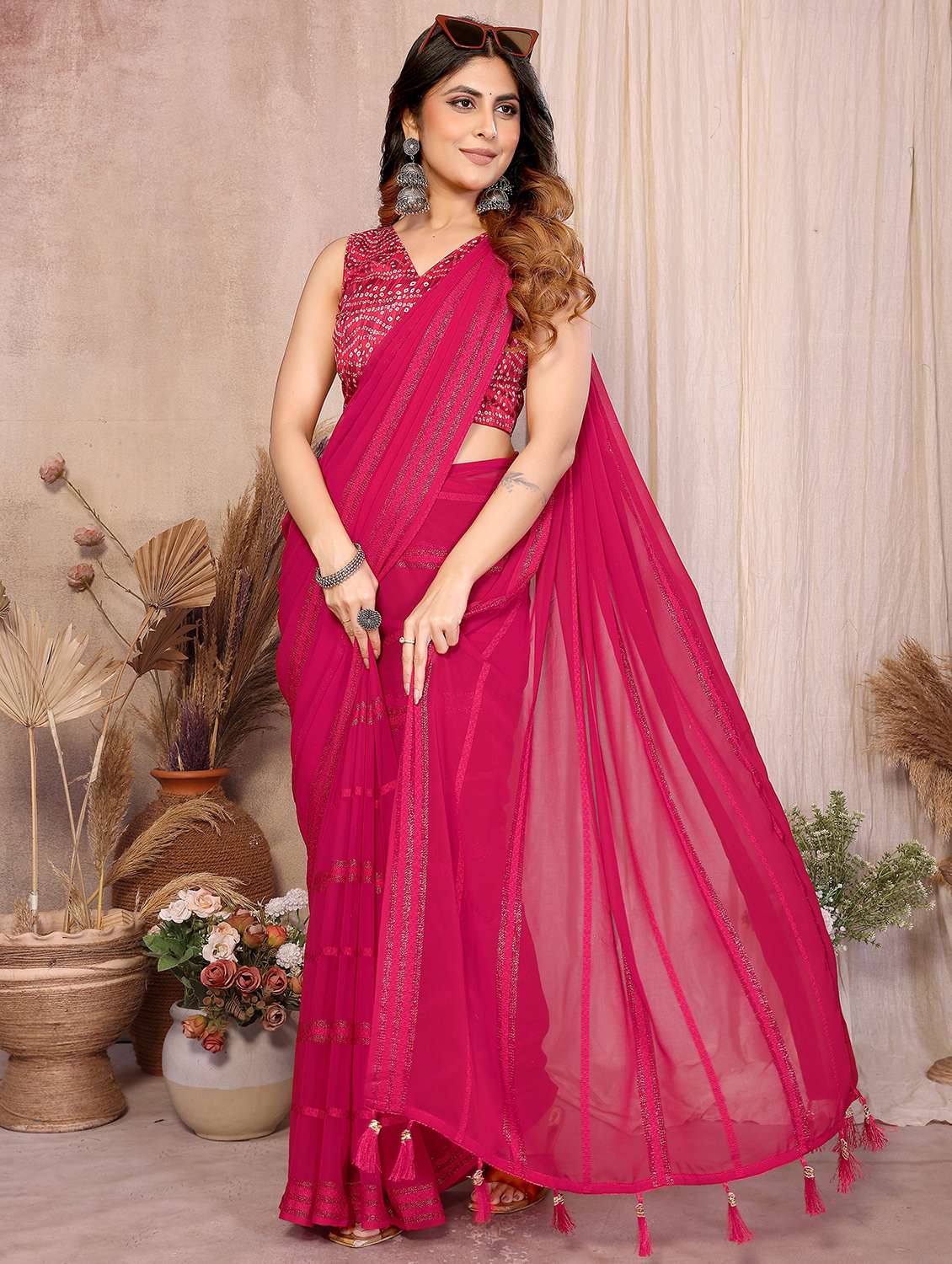 women striped embellished  saree with blouse - 22358158 -  Standard Image - 2