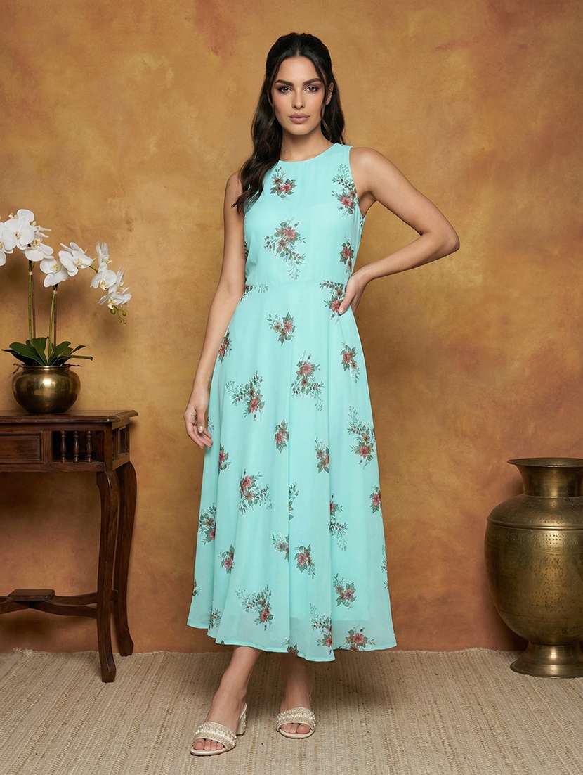 women floral printed round neck fit & flare dress