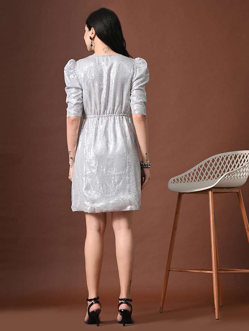 women sequined puff sleeve wrap dress - 22358682 -  Standard Image - 2