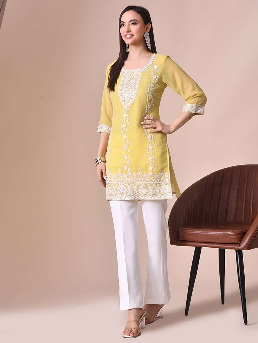 women solid with work three quarter sleeve kurta pant set - 22358701 -  Standard Image - 2