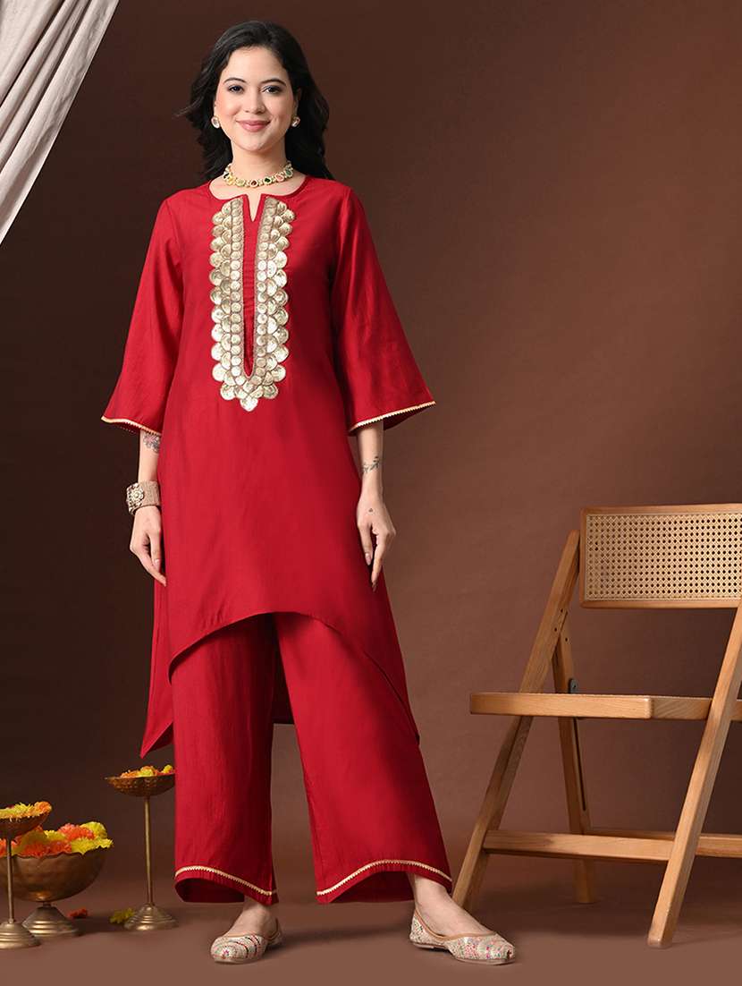 women solid with work three quarter sleeve kurta palazzo with dupatta set - 22358702 -  Standard Image - 2