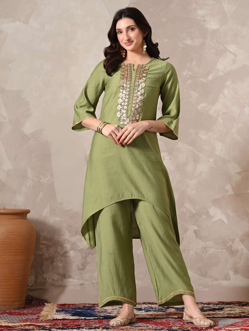 women solid with work three quarter sleeve kurta palazzo with dupatta set - 22358703 -  Standard Image - 2