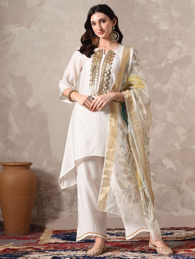 women solid with work three quarter sleeve kurta palazzo with dupatta set
