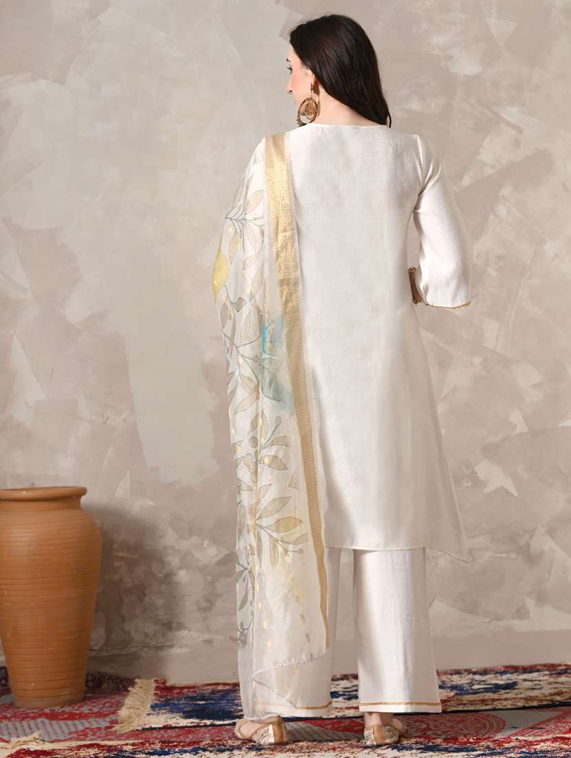 women solid with work three quarter sleeve kurta palazzo with dupatta set - 22358704 -  Standard Image - 2