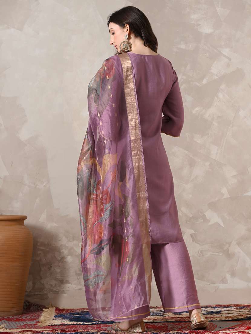 women solid with work three quarter sleeve kurta palazzo with dupatta set - 22358705 -  Standard Image - 2