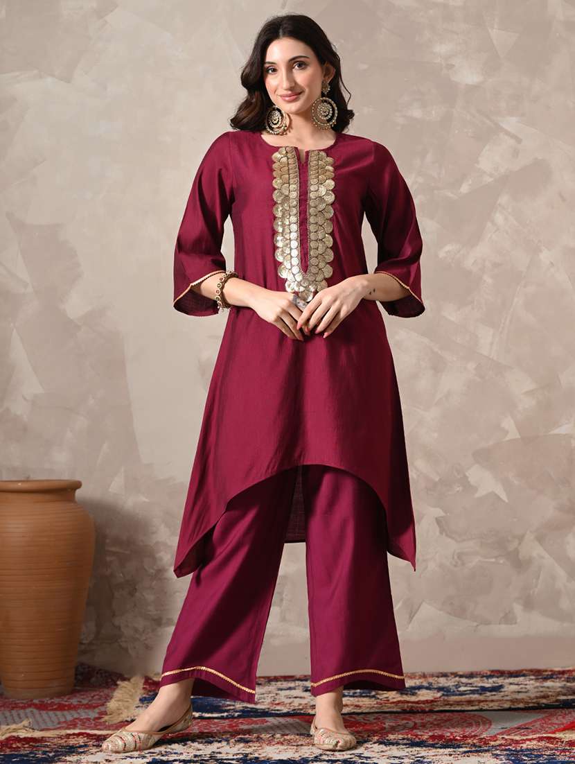 women solid with work three quarter sleeve kurta palazzo with dupatta set - 22358706 -  Standard Image - 2