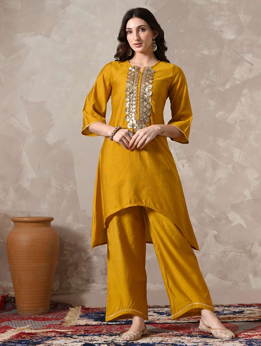 women solid with work three quarter sleeve kurta palazzo with dupatta set - 22358707 -  Standard Image - 2