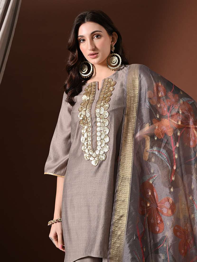 women solid with work three quarter sleeve kurta palazzo with dupatta set - 22358708 -  Standard Image - 2