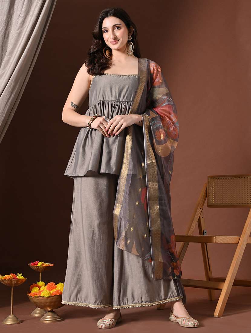 women solid shoulder strap kurta palazzo with dupatta set
