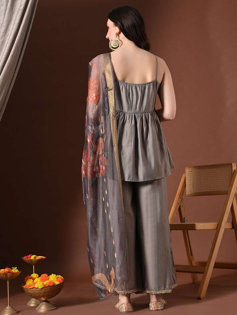 women solid shoulder strap kurta palazzo with dupatta set - 22358710 -  Standard Image - 2