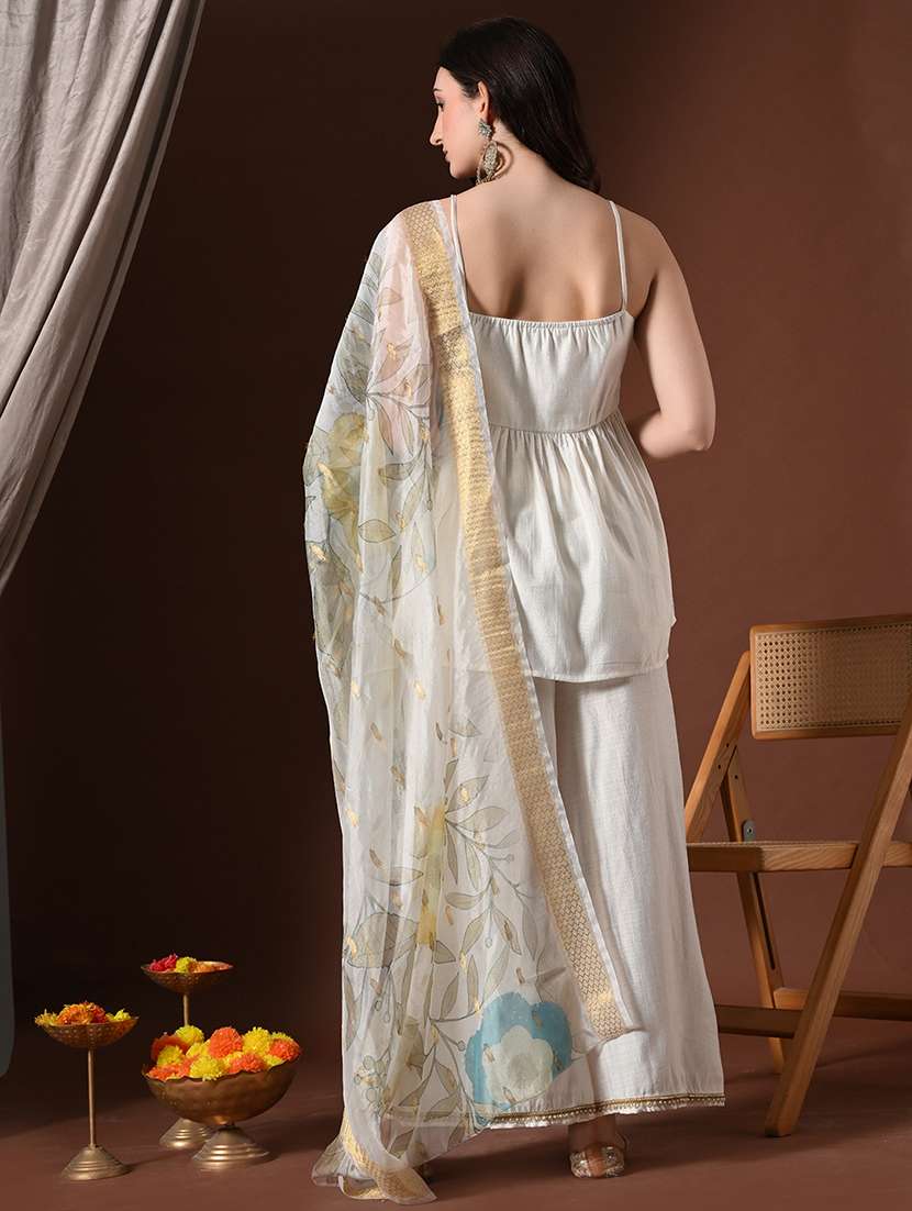 women solid shoulder strap kurta palazzo with dupatta set - 22358711 -  Standard Image - 2