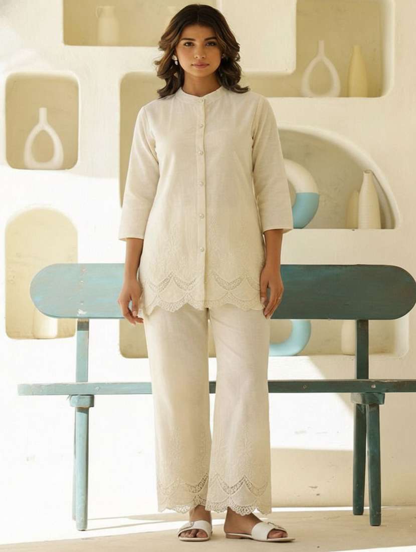 women solid with work three quarter sleeve ethnic co-ord set