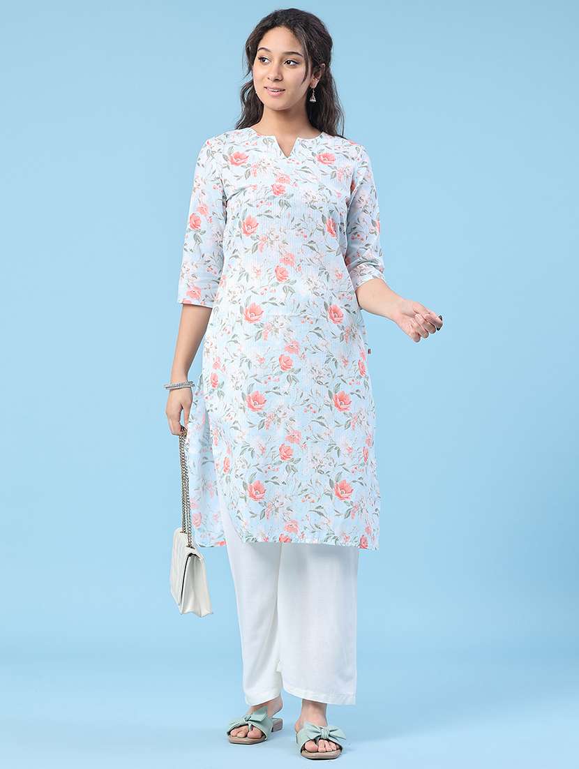 women printed three quarter sleeve straight kurta - 22359412 -  Standard Image - 2