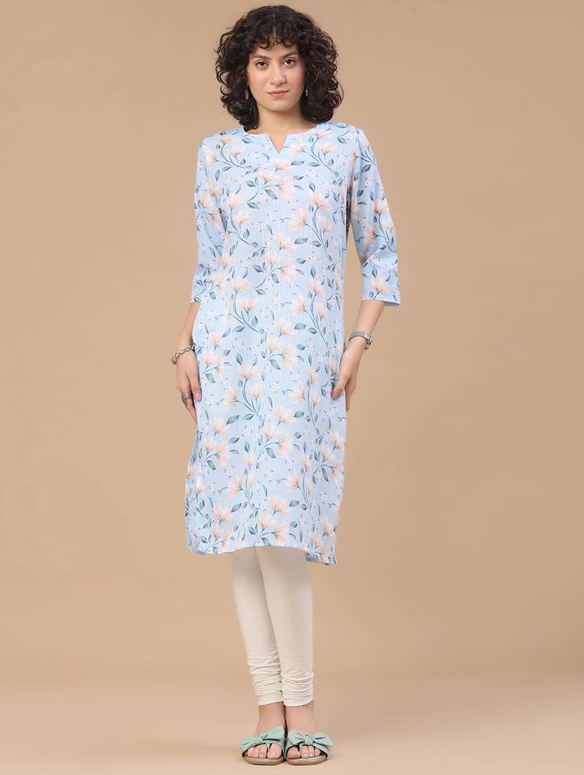 Women Printed Three Quarter Sleeve Straight Kurta - 22359413 -  Standard Image - 2