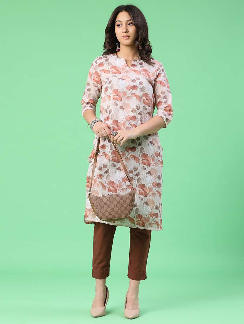 women printed three quarter sleeve straight kurta
