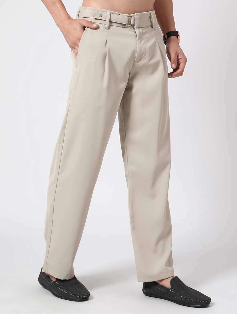 beige cotton flat front casual trousers