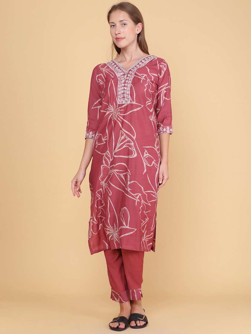 women printed three quarter sleeve kurta pant set - 22360190 -  Standard Image - 2