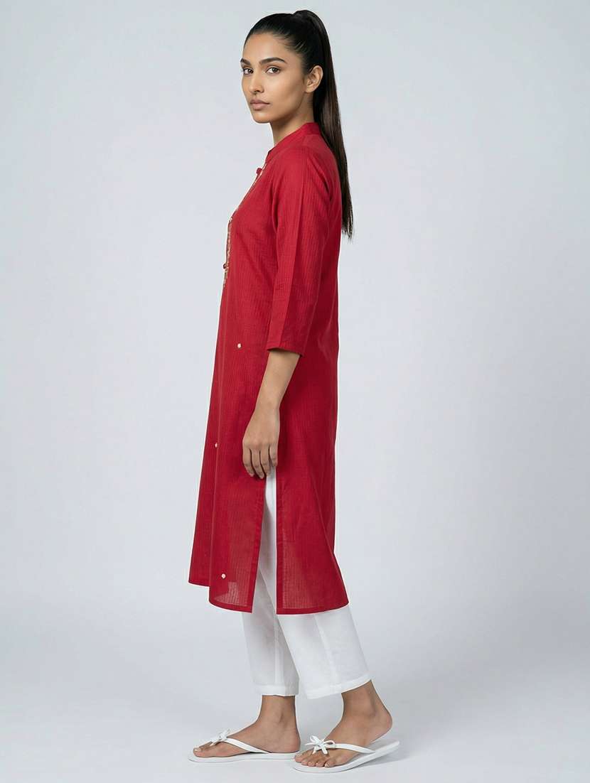 Women Solid With Work Three Quarter Sleeve Straight Kurta - 22360310 -  Standard Image - 2