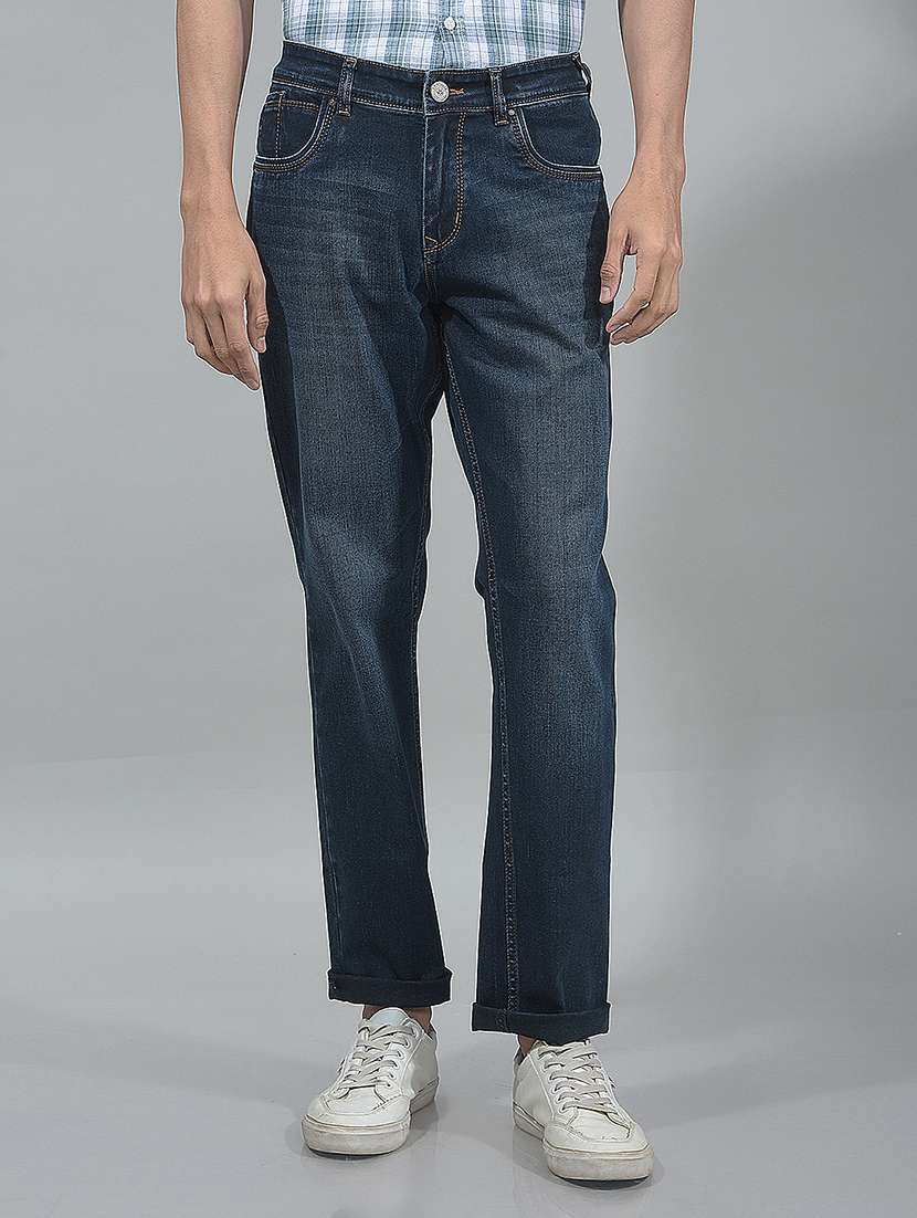 men washed mid rise full length jeans