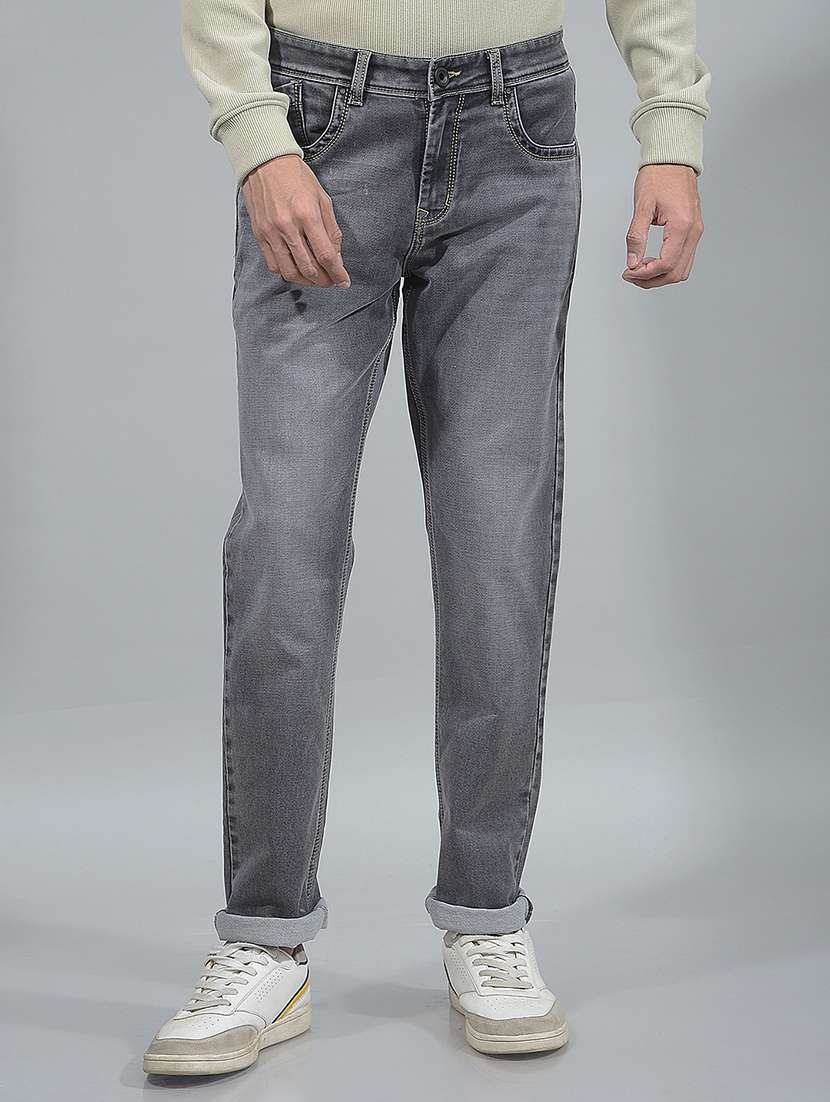 men washed mid rise full length jeans
