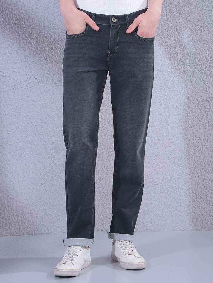 men washed mid rise full length jeans