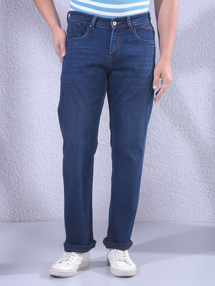 men washed mid rise full length jeans