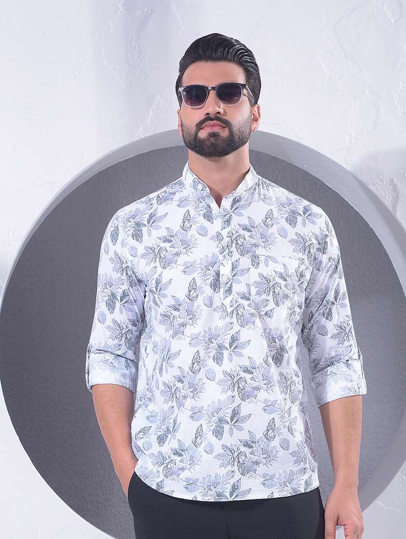 men printed long sleeve short kurta 