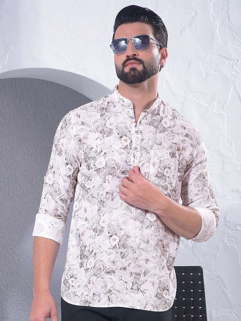 men printed long sleeve short kurta 