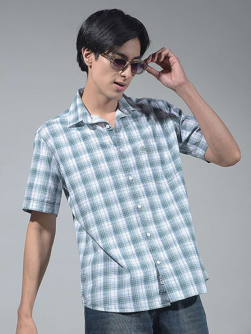 men checkered short sleeve regular fit casual shirt