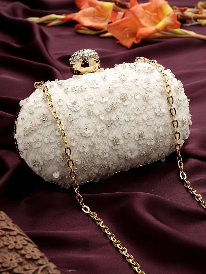 women embellished clutch with sling chain