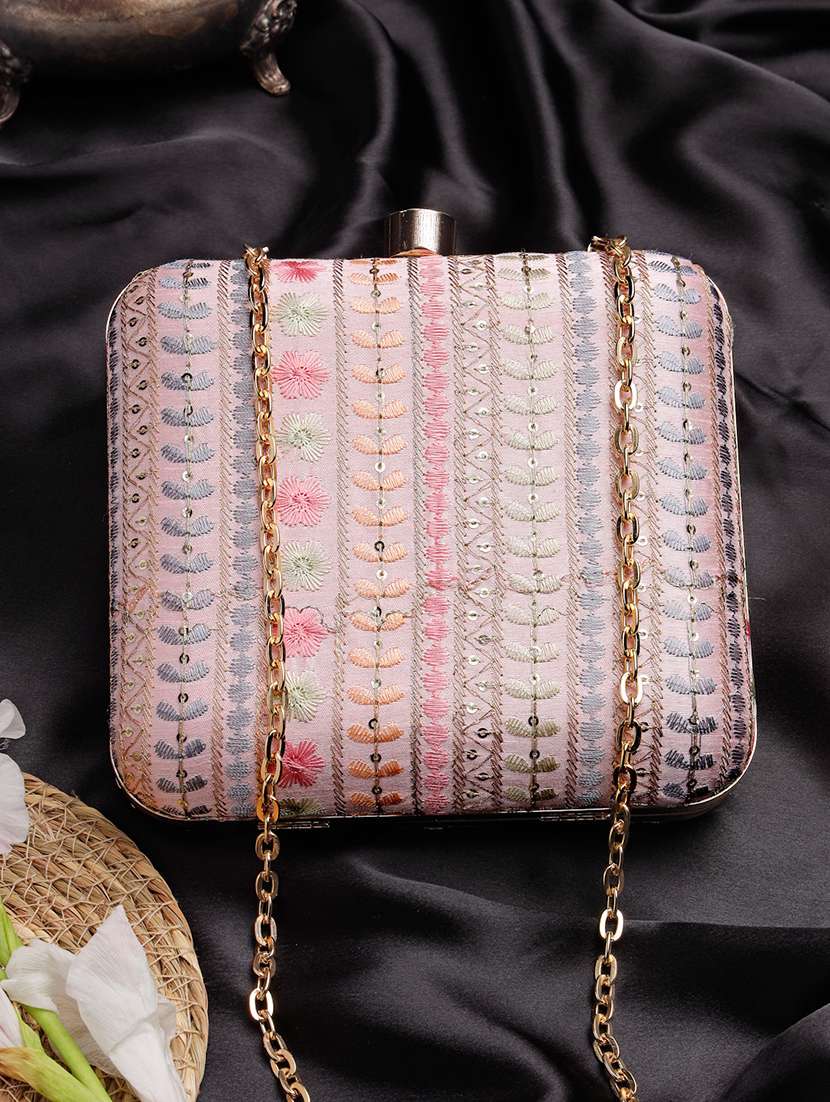 women embroidered clutch with sling chain