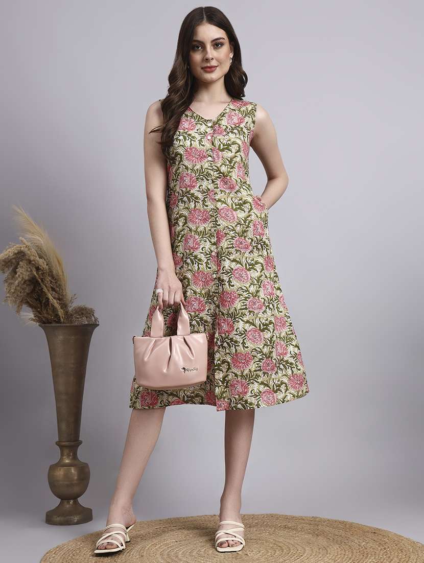 women floral printed v neck a-line ethnic dress