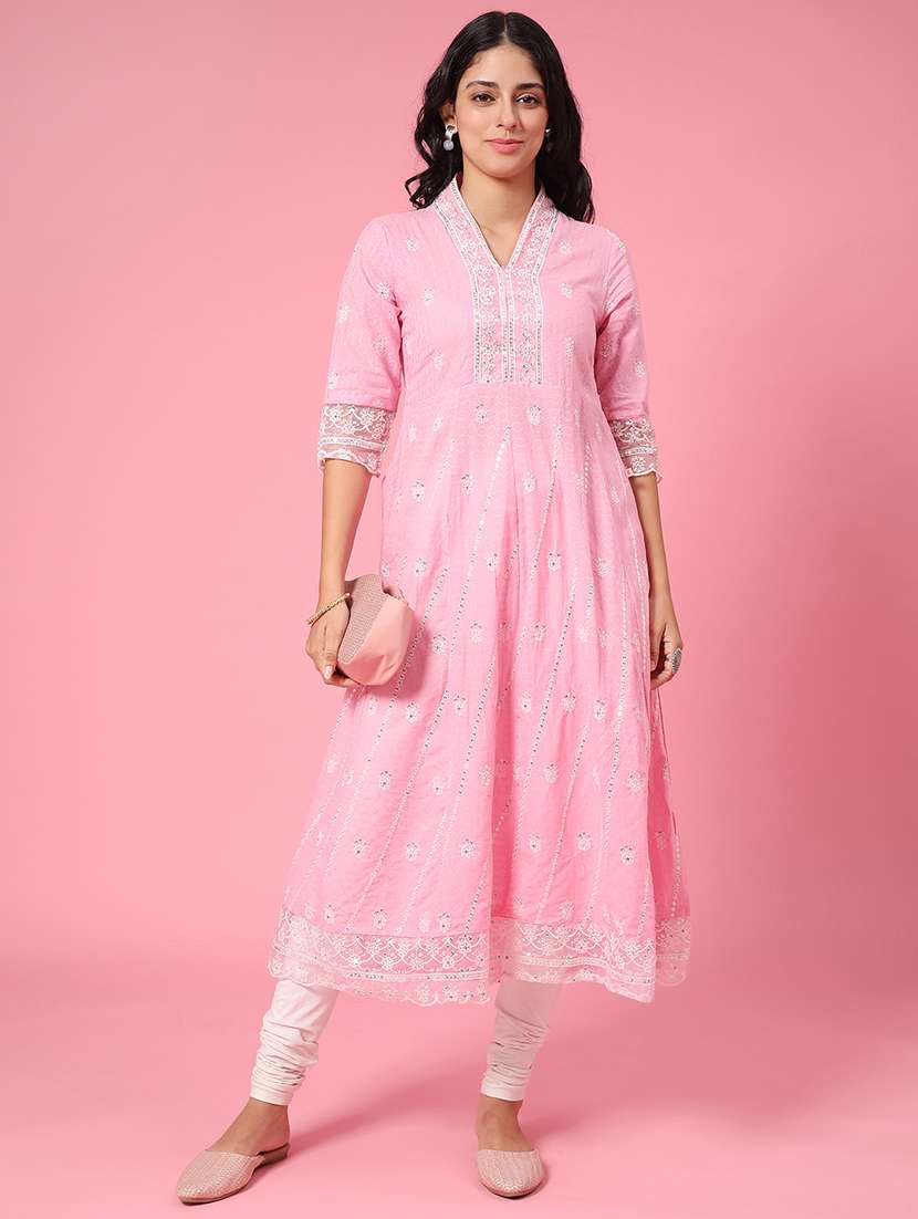 women pink embroidered cotton anarkali notch neck kurta