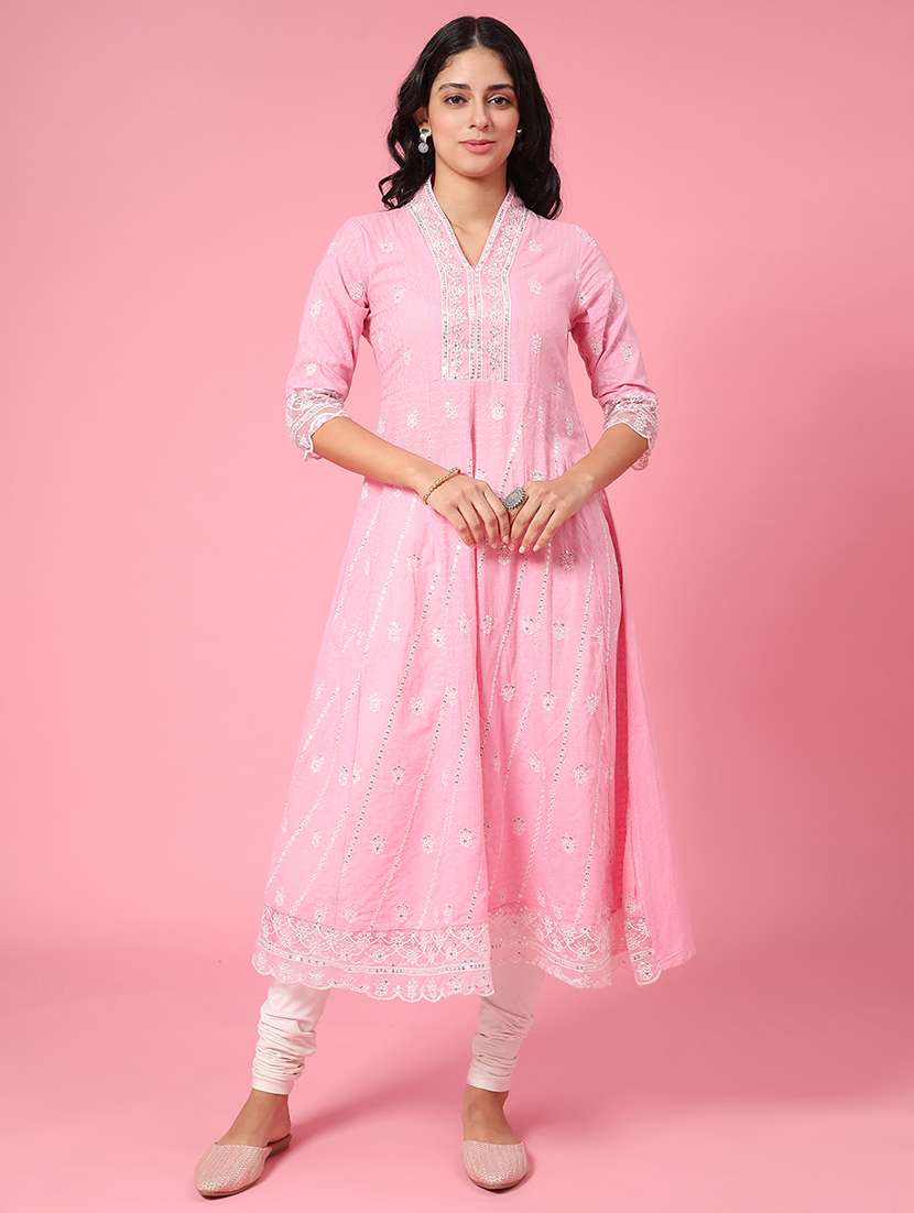 women pink embroidered cotton anarkali notch neck kurta - 22361175 -  Standard Image - 2