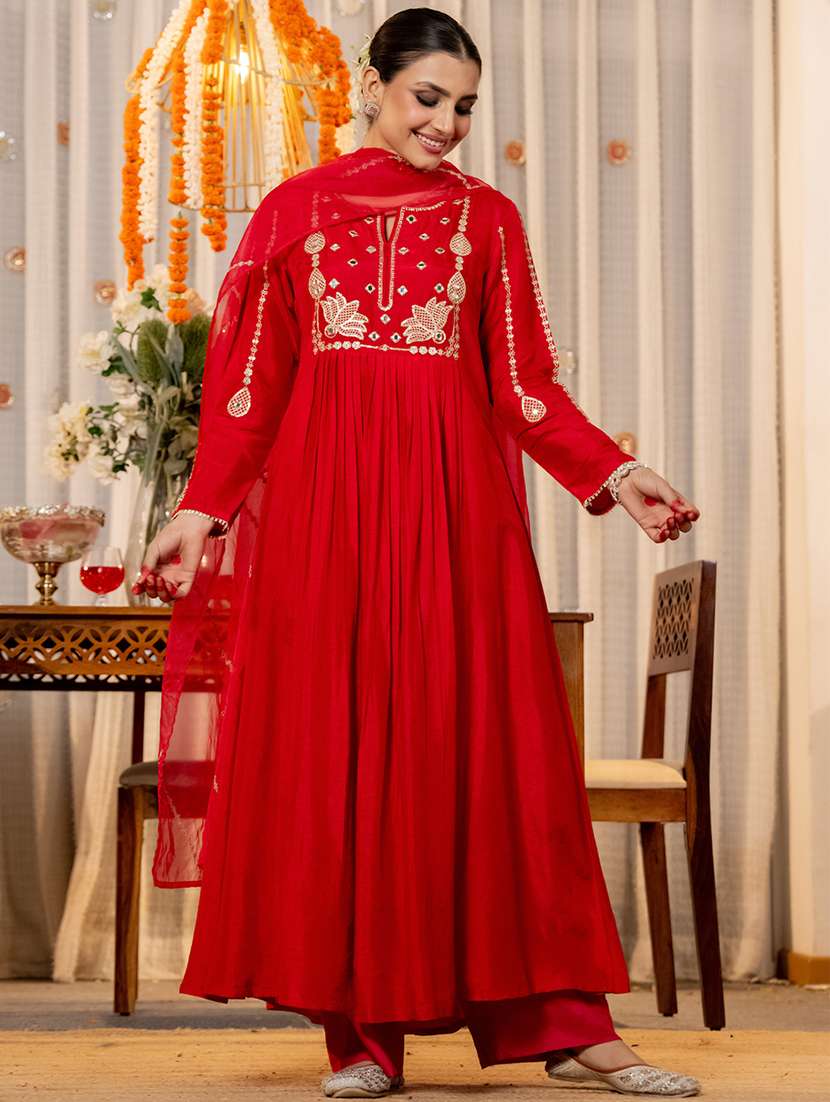 women solid with work long sleeve kurta pant with dupatta set - 22361795 -  Standard Image - 2