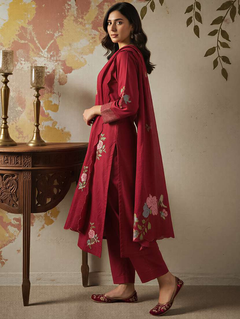 women solid with work three quarter sleeve kurta pant with dupatta set - 22361797 -  Standard Image - 2