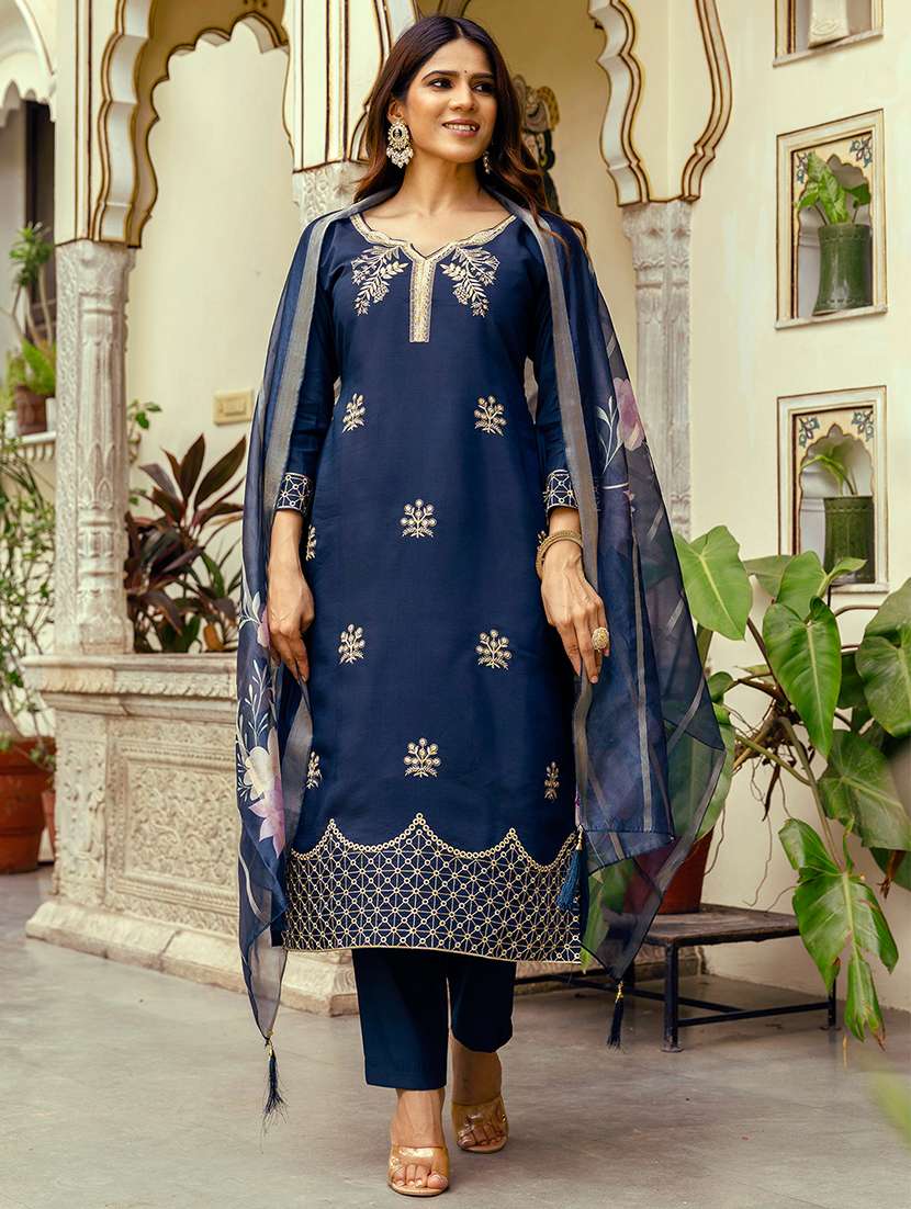 Women Solid With Work Three Quarter Sleeve Kurta Pant With Dupatta Set - 22361801 -  Standard Image - 2