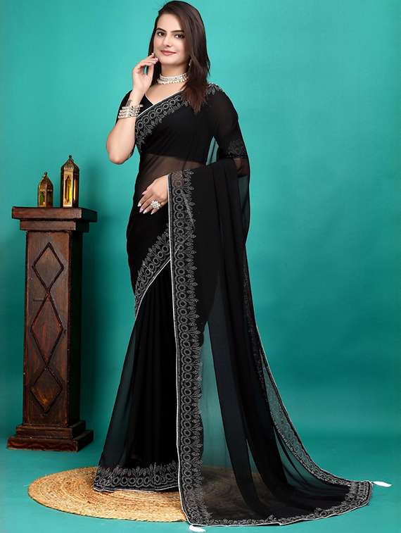 women solid with embellished bordered saree with blouse - 22361976 -  Standard Image - 2