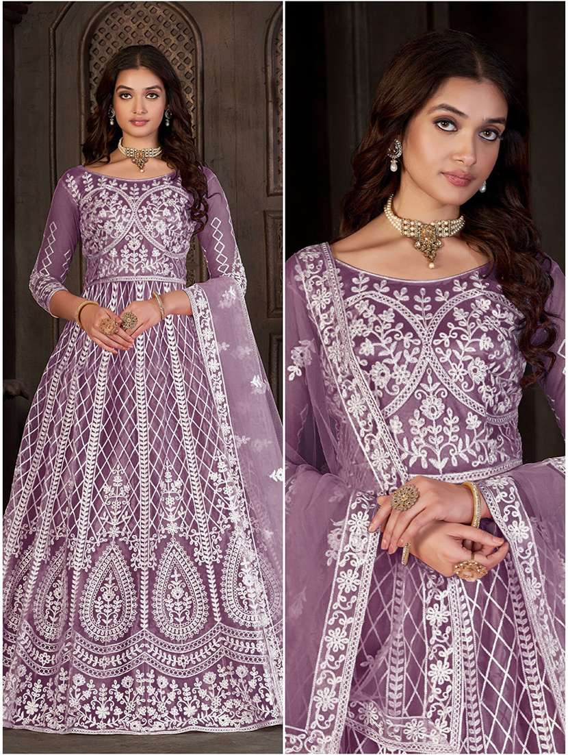 women solid with work round neck semi-stitched gown - 22362014 -  Standard Image - 2