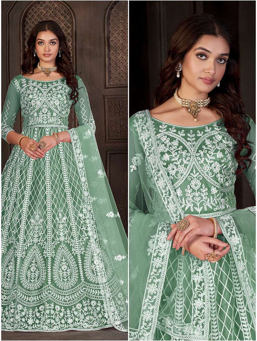 women solid with work round neck semi-stitched gown - 22362015 -  Standard Image - 2