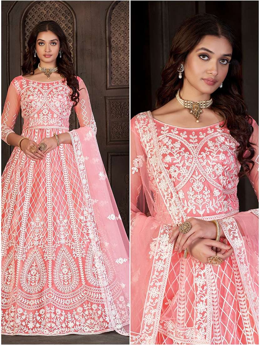 women solid with work round neck semi-stitched gown - 22362016 -  Standard Image - 2