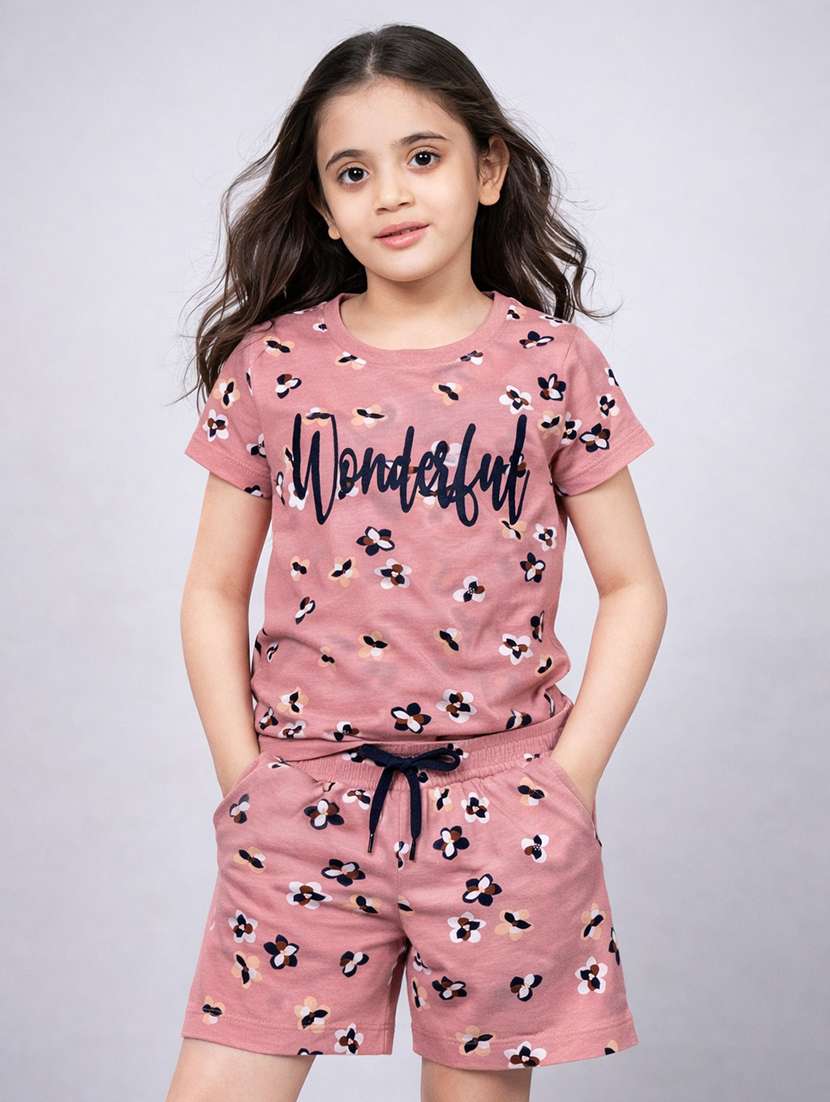 girls printed t-shirt & shorts co-ord set