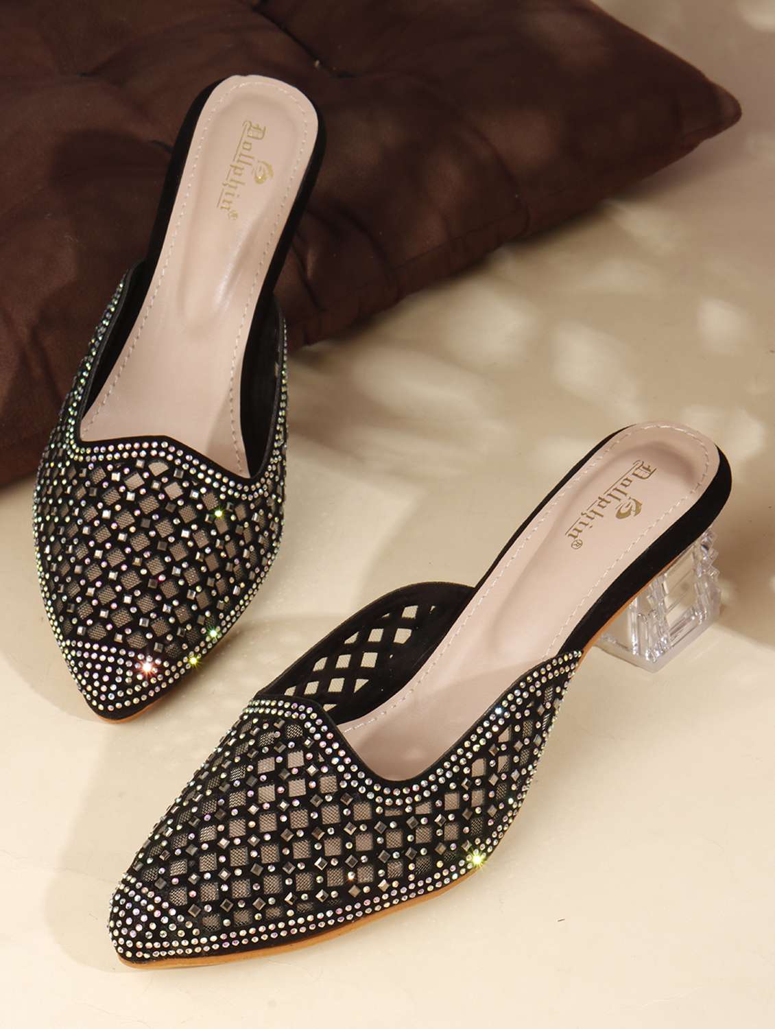 women slip on block heel mules