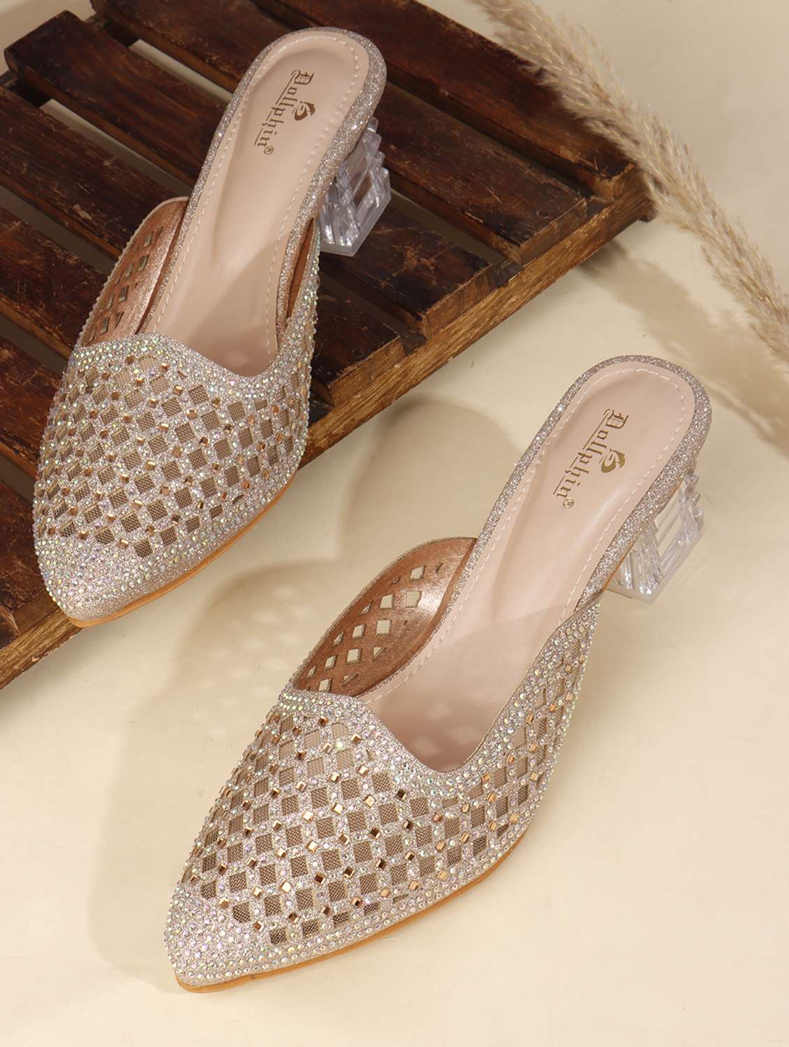 women slip on block heel mules