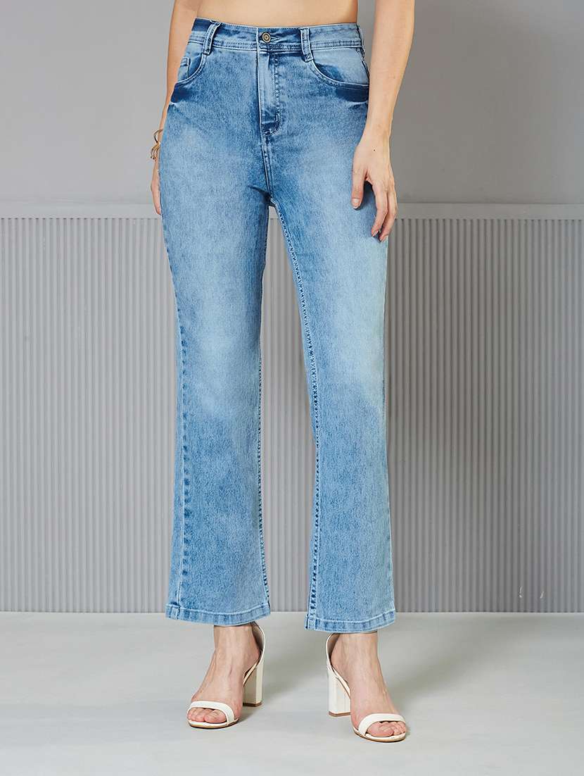 women solid high rise bootcut jeans