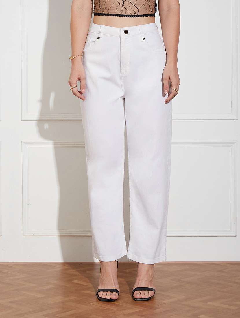 women solid high rise straight jeans