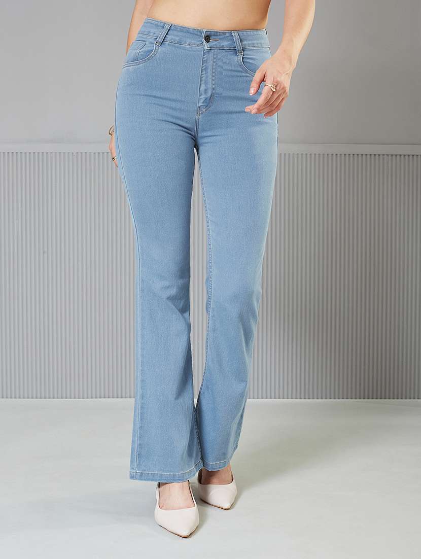 women solid high rise bootcut jeans