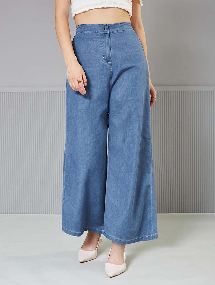 women solid high rise wide leg jeans